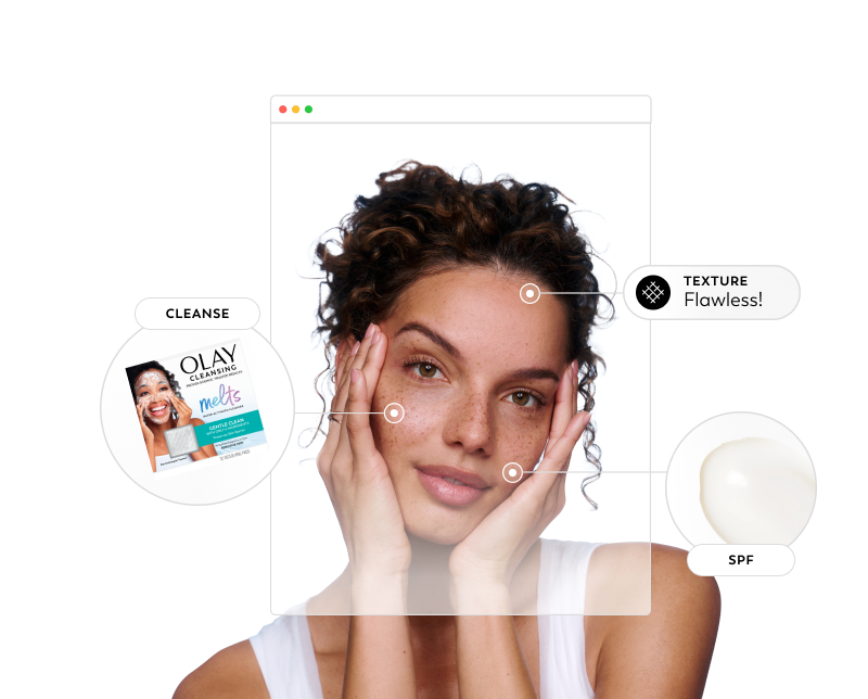 AI skin analysis technology mapping areas on a young woman’s face to assess skin condition and recommend personalized skincare solutions.